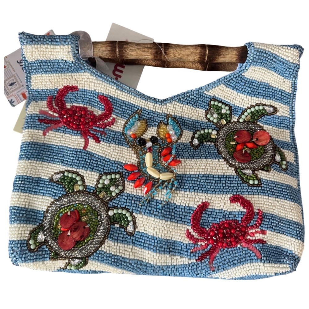 Handcrafted Beaded Sea Life Crab Turtle Lobster Striped Blue White Bamboo Tote